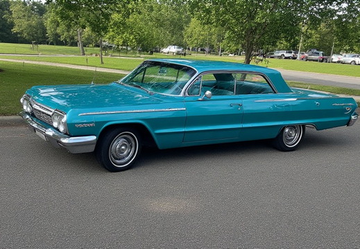 Teal-colored Chevrolet Impala parked on an asphalt road