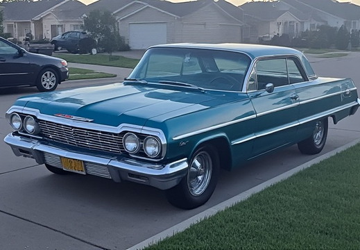 A vintage teal Chevrolet Impala parked on the side of a suburban street. 