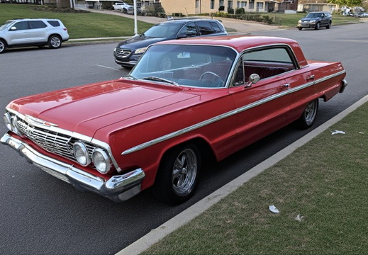 A vibrant red, classic two-door coupe, likely from the early 1960s