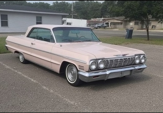 A classic, pale pink two-door hardtop Chevrolet Impala parked on an asphalt surface