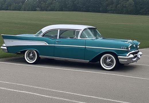 A classic two-tone 1957 Chevrolet Bel Air coupe.